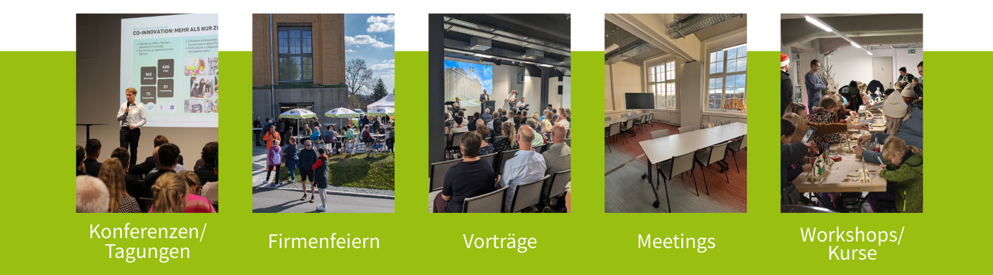 Bilder von verschiedenen Veranstaltungen: Konferenz/Tagung, Firmenfeiern, Vorträge, Meetings, Workshops/Kurse